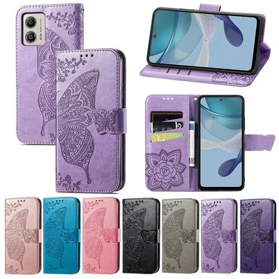 For Motorola G53 Imprinted Butterfly Flower Scratch-resistant Fashionable PU Leather + TPU Shockproof Phone Case Flip Stand Cover with Strap