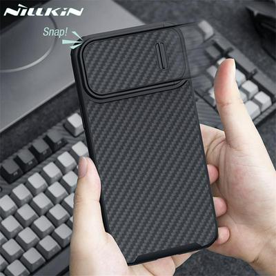 NILLKIN Synthetic Fiber S Case For iPhone 14 Plus Hard PC Protective Phone Cover with Push-and-Pull Lens Protector