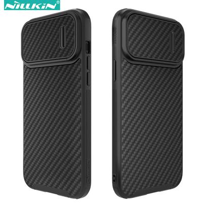 NILLKIN Synthetic Fiber S Case For iPhone 14 Hard PC Protective Phone Cover with Push-and-Pull Lens Protector