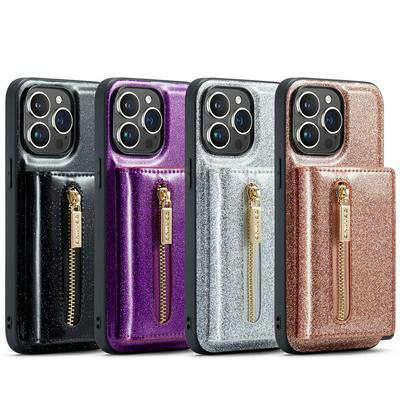 DG.MING M3 Series Magnetic Phone Cover For iPhone 15 Pro Max Anti-drop 2-in-1 Detachable Glittery Zippered Wallet Phone Case Kickstand