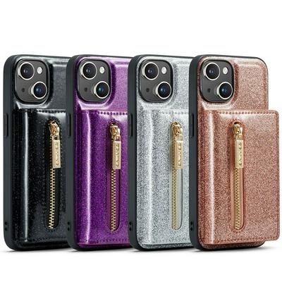 DG.MING M3 Series Magnetic Phone Cover For iPhone 13 Anti-drop 2-in-1 Detachable Glittery Zippered Wallet Phone Case Kickstand