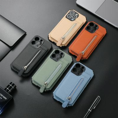 For iPhone 13 Pro Max Carbon Fiber Pattern Anti-fall  Zipper Leather Case with Card Slots & Stand