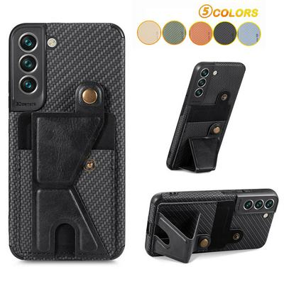 For Samsung Galaxy S22 Plus Carbon Fiber Texture K-shape Kickstand PU Leather Coated TPU Card Holder Phone Case with Built-in Metal Sheet