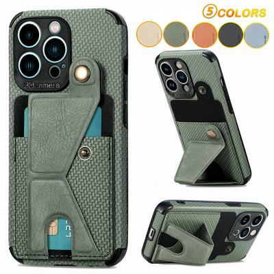 For iPhone 13 Pro Max Carbon Fiber Texture K-shape Kickstand PU Leather Coated TPU Card Holder Phone Case with Built-in Metal Sheet