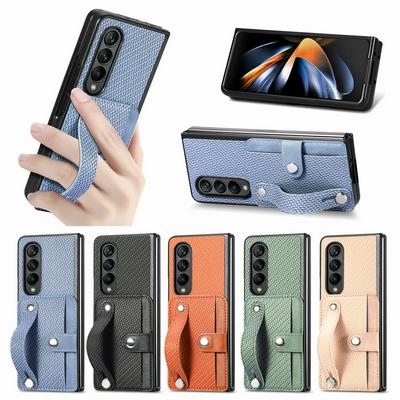 Luxury Cards Holder Wallet Wristband Case For Samsung Galaxy Z Fold 4 5G Kickstand Carbon Fiber Shockproof Cover Fundas