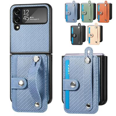 Luxury Cards Holder Wallet Wristband Case For Samsung Galaxy Z Flip 4 Kickstand Carbon Fiber Shockproof Cover Fundas
