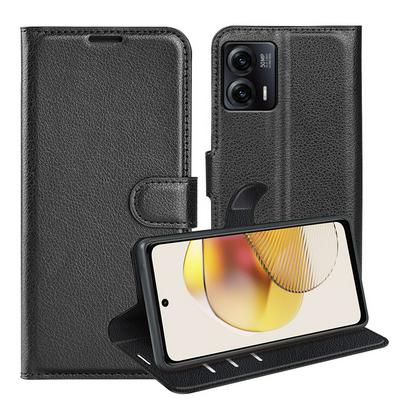 Motorola G73 Lichee Pattern Side Flip Wallet Style PU Leather + Soft TPU Card Holder with Stand and Magnetic Buckle Case