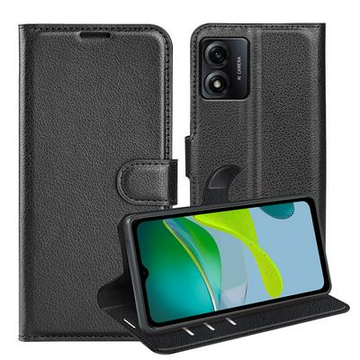 Motorola E13 Lichee Pattern Side Flip Wallet Style PU Leather + Soft TPU Card Holder with Stand and Magnetic Buckle Case