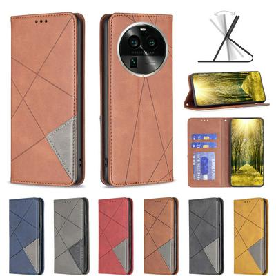 For Oppo Find X6 Pro Stitching Rhombus Pattern Folio Flip PU Leather Wallet Phone Case