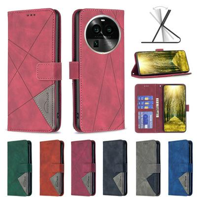 For Oppo Find X6 Pro Stitching Rhombus Pattern Folio Flip PU Leather Wallet Phone Case