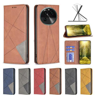 For Oppo Find X6 Stitching Rhombus Pattern Folio Flip PU Leather Wallet Phone Case