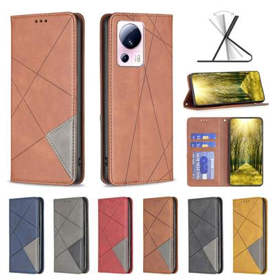 For Xiaomi 13 lite 5G Stitching Rhombus Pattern Folio Flip PU Leather Wallet Phone Case