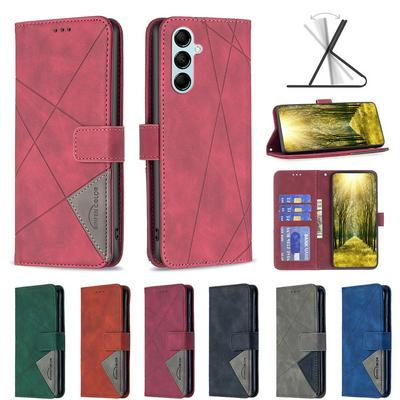 For Samsung Galaxy M14 5G Stitching Rhombus Pattern Folio Flip PU Leather Wallet Phone Case