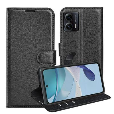 Motorola G53 Lichee Pattern Side Flip Wallet Style PU Leather + Soft TPU Card Holder with Stand and Magnetic Buckle Case