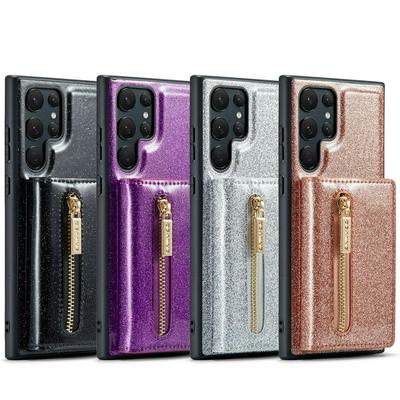DG.MING M3 Series Magnetic Phone Cover For Samsung Galaxy S22 Ultra Anti-drop 2-in-1 Detachable Glittery Zippered Wallet Phone Case Kickstand