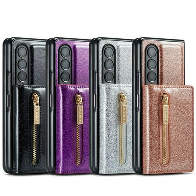 DG.MING M3 Series Magnetic Phone Cover For Samsung Galaxy Z Fold4 5G Anti-drop 2-in-1 Detachable Glittery Zippered Wallet Phone Case Kickstand
