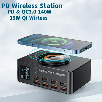 8Port 140W Type C USB Charger Station PD QC3.0 Multi Port Fast Charger With Display 15W Wireless Charger For iPhone iPad Samsung