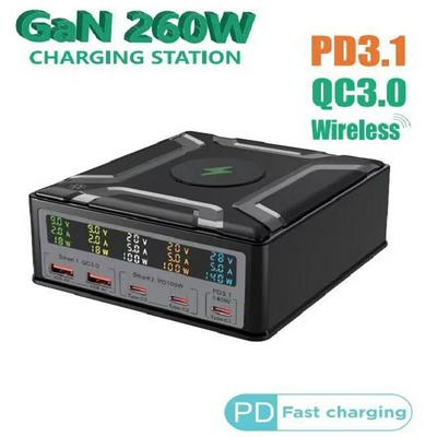 260W GaN Charger Type C PD3.1 Charging Station LCD Display 5Port PD140W 100W Fast Charger for MacBook Pro iPhone Samsung Laptop