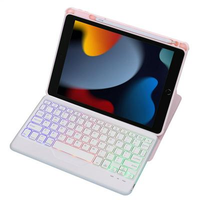 F102BS is suitable for iPad 10.2, 2021/2020/2019&air3 10.5&Pro 10.5. Upper pen slot, triangular back support, transparent shell, three color backlight, detachable Bluetooth keyboard leather case
