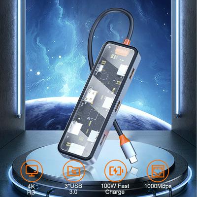 WiWU Cyber hub PD 100W Transparent USB C Hub 3.0 Multi-function Type-C for MacBook Pro Adapter RJ45 USB3.0 for Dell/Lenovo/Xiaomi