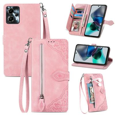 For Motorola G23 Drop-proof Flip Phone Case Wallet Stand Flower Imprinted PU Leather Zipper Pocket Phone Cover with Strap