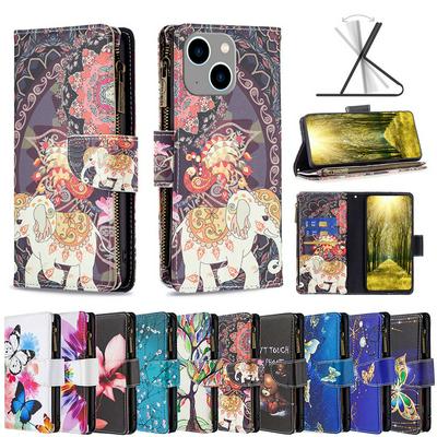 For iPhone 15 Plus Painted Zipper Wallet BF03 Flip Leather Case with Stand &Lanyard Function