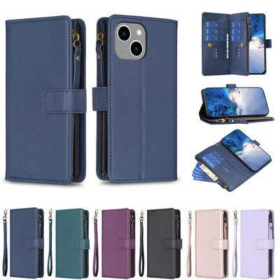 BF19 For iPhone 15 Plus Anti-Dust PU Leather Wallet Zippered Cell Phone Case Stand Phone Cover