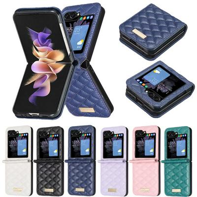 BINFEN COLOR For Samsung Galaxy Z Flip 5 5G PU Leather+PC Case Imprinted Rhombus Pattern Phone Cover