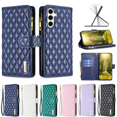 BINFEN COLOR BF15 for Samsung Galaxy S23 FE Anti-drop Zipper Pocket Phone Case Imprinted Rhombus Pattern Flip Wallet Cover Stand