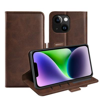 For iPhone 15 Double Buckle Wallet Style Folio Flip Leather Case with Stand and Card Slots Function