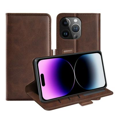 For iPhone 15 Pro Max Double Buckle Wallet Style Folio Flip Leather Case with Stand and Card Slots Function