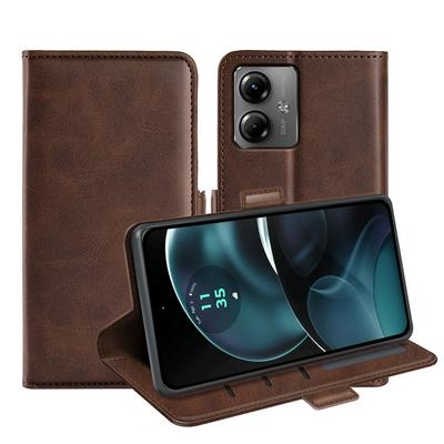 For Motorola G14 Double Buckle Wallet Style Folio Flip Leather Case with Stand and Card Slots Function