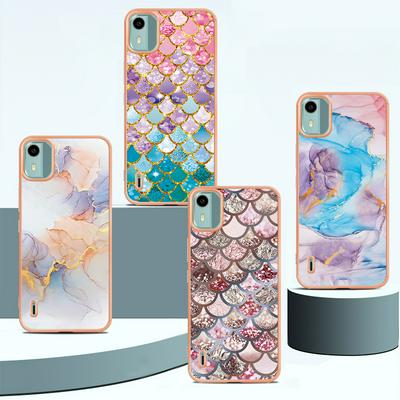 For Nokia C12 IMD Anti-dirt Anti-scratch Soft TPU Case Electroplating Edge IMD Marble Floral Pattern Cover
