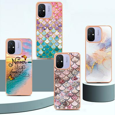 For Xiaomi Redmi 12C IMD Anti-dirt Anti-scratch Soft TPU Case Electroplating Edge IMD Marble Floral Pattern Cover