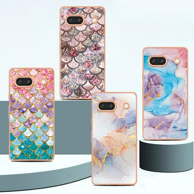 For Google Pixel 7A IMD Anti-dirt Anti-scratch Soft TPU Case Electroplating Edge IMD Marble Floral Pattern Cover