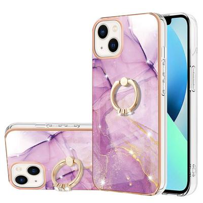 For iPhone 15 YB IMD Series Marble Pattern Electroplating Case Ring Grip Kickstand Soft TPU IMD Phone Cover