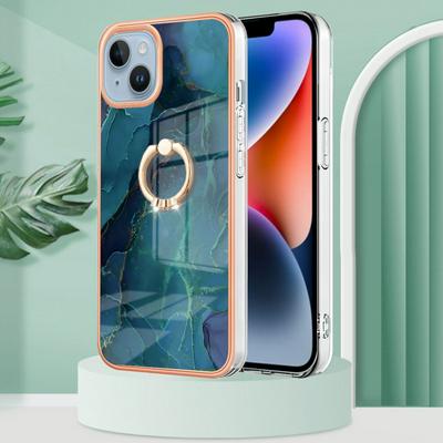 For iPhone 15 YB IMD Series Marble Pattern Electroplating Case Ring Grip Kickstand Soft TPU IMD Phone Cover