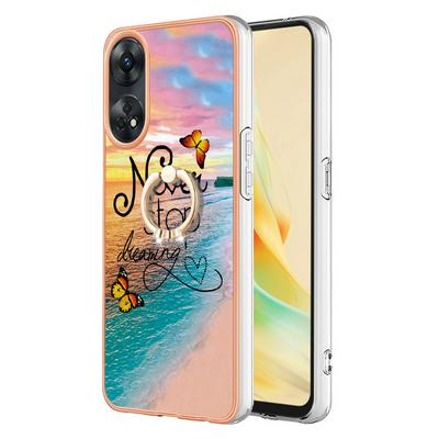 For Oppo Reno 8T IMD Series-6 Ring Kickstand Feature Anti-wear Electroplated Frame TPU Case IMD Protective Back Cover