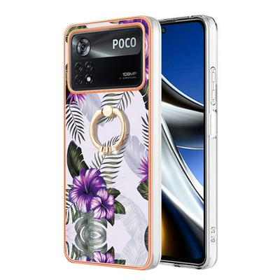 For Xiaomi Poco X4 Pro 5G IMD Series-6 Ring Kickstand Feature Anti-wear Electroplated Frame TPU Case IMD Protective Back Cover