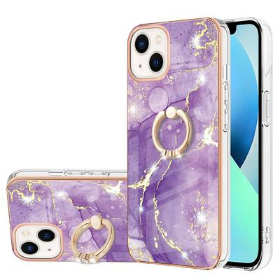 For iPhone 15 Plus YB IMD Series Marble Pattern Electroplating Case Ring Grip Kickstand Soft TPU IMD Phone Cover