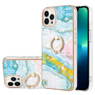 For iPhone 15 Pro YB IMD Series Marble Pattern Electroplating Case Ring Grip Kickstand Soft TPU IMD Phone Cover