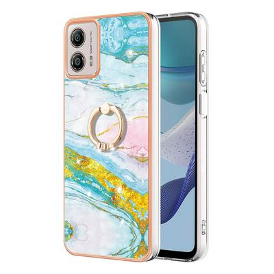 For Motorola Moto G53 YB IMD Series Marble Pattern Electroplating Case Ring Grip Kickstand Soft TPU IMD Phone Cover