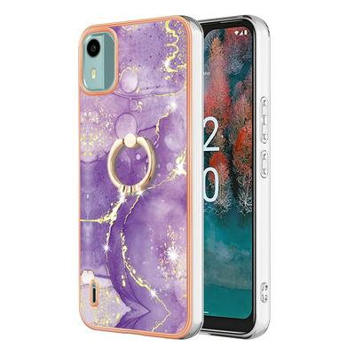 For Nokia C12 YB IMD Series Marble Pattern Electroplating Case Ring Grip Kickstand Soft TPU IMD Phone Cover