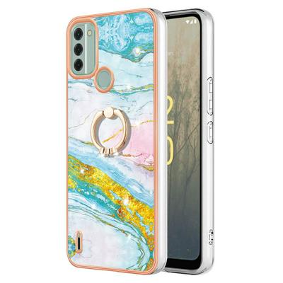 For Nokia C31 YB IMD Series Marble Pattern Electroplating Case Ring Grip Kickstand Soft TPU IMD Phone Cover