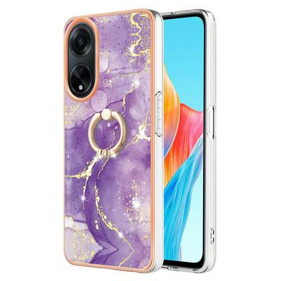 For Oppo A98 YB IMD Series Marble Pattern Electroplating Case Ring Grip Kickstand Soft TPU IMD Phone Cover