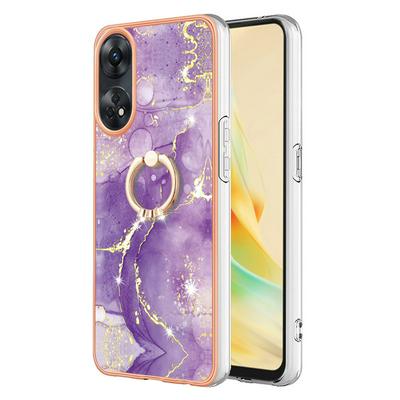 For Oppo Reno 8T YB IMD Series Marble Pattern Electroplating Case Ring Grip Kickstand Soft TPU IMD Phone Cover