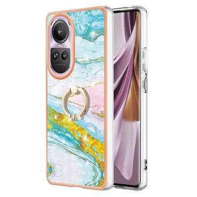 For Oppo Reno 10 Pro YB IMD Series Marble Pattern Electroplating Case Ring Grip Kickstand Soft TPU IMD Phone Cover