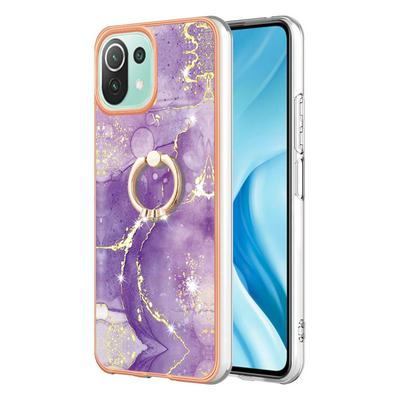 For Xiaomi 11 Lite YB IMD Series Marble Pattern Electroplating Case Ring Grip Kickstand Soft TPU IMD Phone Cover
