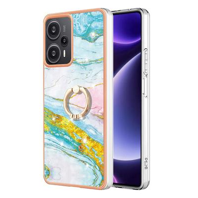 For Xiaomi Poco F5 YB IMD Series Marble Pattern Electroplating Case Ring Grip Kickstand Soft TPU IMD Phone Cover