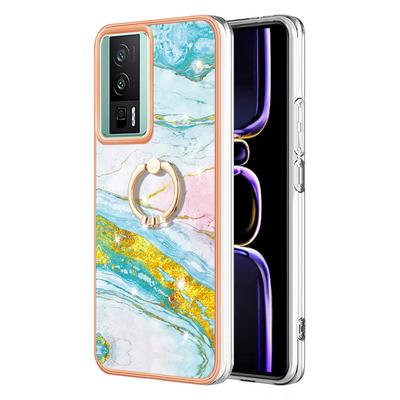 For Xiaomi Poco F5 Pro YB IMD Series Marble Pattern Electroplating Case Ring Grip Kickstand Soft TPU IMD Phone Cover